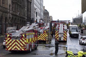 View from Princes Street, from south.  Showing emergency services attending fire at Jenners, former department store.