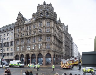 View from Princes Street, from south.  Showing emergency services attending fire at Jenners, former department store.