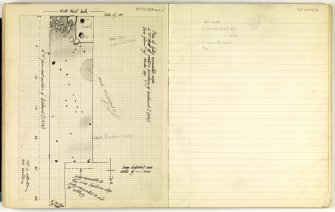 Pages from notebook titled 'OW 1953, 1954' with plan of fully excavated area 6' 3" west of eastern boundary of NW Quadrant I (left) and notes on plan (right) for Mote of Urr. 