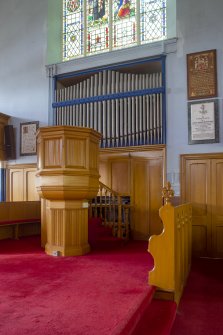 View of pulpit and organ pipes