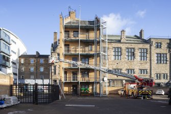 General view of Station yard during training exercise, showing Drill Tower, from west.