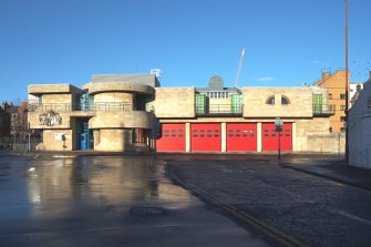 General view of south facade on West Tollcross, showing Appliance Bays, from south east.