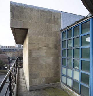 First floor.  View from balcony showing atrium glazing, from south.