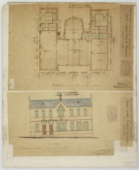 Glebelands Public School, for Dundee School Board.
Recto: Ground Floor Plan. West Elevation.
Verso: Upper Floor Plan. Front Elevation.