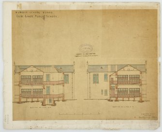 Lilybank Road, Glebelands School.
Recto: Sections. Scale 1/8":1'. Copy, pen, ink and wash.
Victoria Road, Trinity C. U Church.
Verso: Drawing showing foundation plans, block plan & revised elevation of lower part of facade.