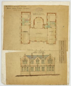 Glebelands Public School, for Dundee School Board. Upper Floor Plan. Front Elevation.