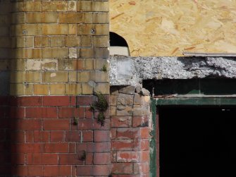 Site photograph, Station building refurbishment progress with original yellow brick arch, Granton Gasworks, Edinburgh, Scotland