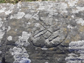 Hammer and sickle graffiti, located toward the NW end of the SW parapet, Dairsie, Bridge, Fife.