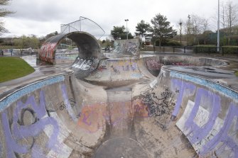 Skate Park.  View of south bowl and full pipe, from south west.