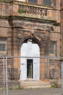 Whiteinch Burgh Halls.  Detail of entrance on east facade.