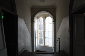Standing Building Survey photograph, Archway over staircase with double height sash windows, India Buildings, Victoria Street, Edinburgh