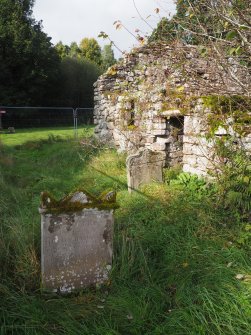 Kiltarlity Old Parish Church, view from SE showing gravestone of Hugh Fraser, tacksman of Teafrish d.1847