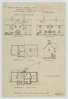 Drawing showing elevations and plans of semi-detached houses for Rosyth Housing Scheme.