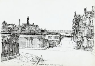 Drawing looking NE along Market Street to North Bridge and Calton Hill, Edinburgh.