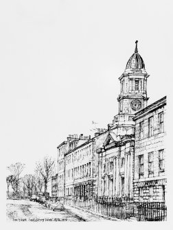 Drawing looking NNW showing Stockbridge Parish Church, Saxe-Coburg Street, Edinburgh in centre.  