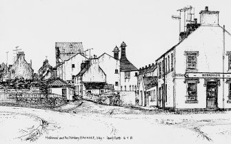 Drawing looking W showing Bowmore Distillery (centre) with house at corner of The Square and School Street, Bowmore, Islay on right.