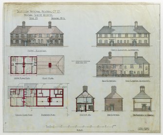 Drawing showing plans, elevations and section of house type P for social housing, Rosyth.