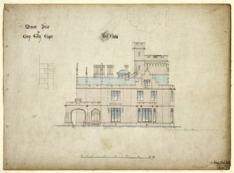 Dundee, Castleroy.
Drawing showing West elevation.
Titled: 'Mansion House for George Gilroy Esquire'.
Insc:'72 George Street, Perth 25/2/67'