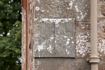 Careston Parish Church.  Detail of 1808 sundial on south west corner.