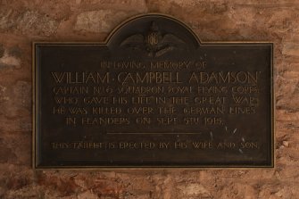 Careston Parish Church.  Chancel.  Detail of William Campbell Adamson memorial plaque.