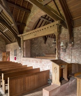 Careston Parish Church.  Chancel.  View of nave showing Laird's Loft frontage from southeast.