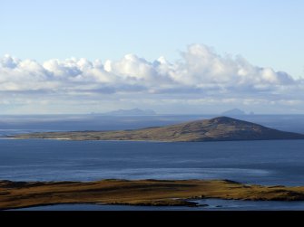 Oblique aerial view of Ensay, Pabbay and St Kilda