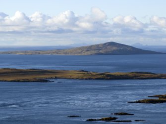 Oblique aerial view of Ensay, Pabbay and St Kilda