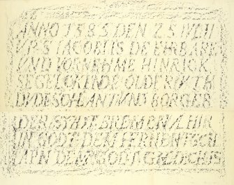 Shetland, Unst, Lund, St. Olaf's Chapel. Inscription on memorial stone for Hinrik Segelcken.