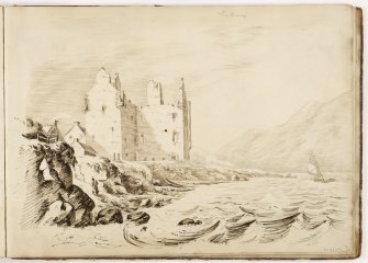 Sketch showing view of Scalloway Castle.
