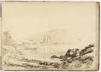 Sketch showing distant view of Scalloway and Scalloway castle.
