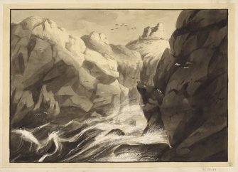 Sketch showing seascape and distant view of Culswick broch.
