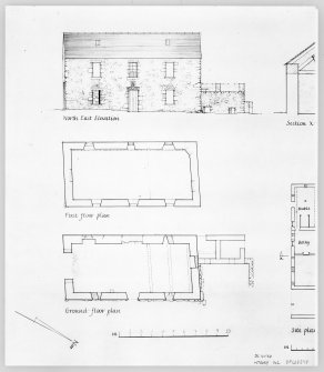 Beattock, Old Manse. Photocopy of sketch survey, not to scale. Ground and first floor plans and NE elevation. [Not initialled or dated; possibly part of larger drawing].