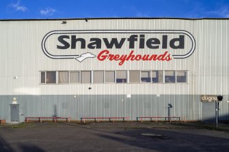 Detail of Shawfield Greyhounds sign on west face of the stadium.