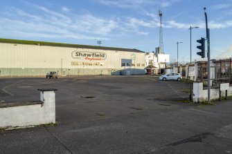 View showing gate piers at entrance to the car park.