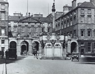View of Mercat Cross and entrance to City Chambers, High Street Edinburgh