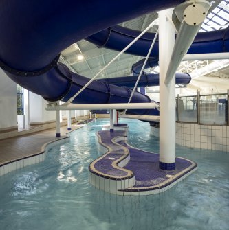 Xcite Livingston Leisure Centre.  View of pool area and flumes.