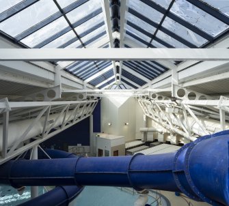 Xcite Livingston Leisure Centre.  View of roof structure and flume.