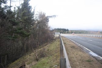 Survey photograph, Forestry on west side of road. Bridge and sign for River Findhorn, A9 Dualling - Tomatin to Moy, Highland