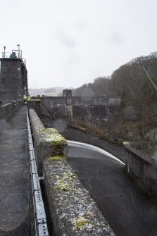 Earlstoun Dam. View from south of sluice gates and spillway