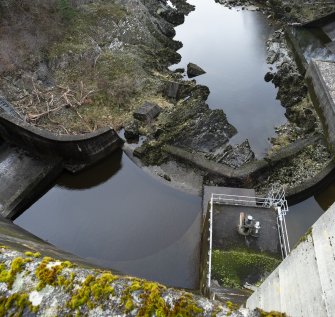Carsfad Dam. View looking onto outlet needle valve house