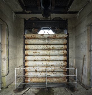Interior. Carsfad Dam. Valve House. Sluice gate for controlling water flow to needle valve. The gate is made of steel rollers that can be lowered up and down within the valve house