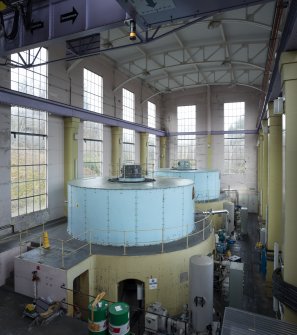 Interior. Carsfad Hydro Electric Power Station. Turbine House. Elevated view showing both electricity generating units