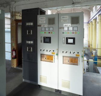 Interior. Carsfad Hydro Electric Power Station. Turbine House, Operation Room. Voltage regulation board