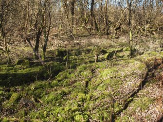 View from the SE of the moss-grown footings for stanchions at the SE corner of the grid, with a low pile of rubble (right)