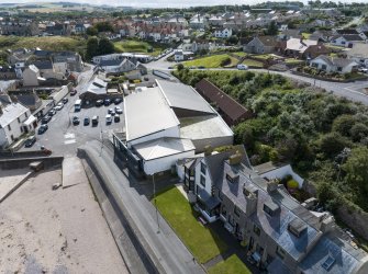 Oblique aerial view from north showing Historic Burgh and Harbour, Victorian Expansion, Inter-War (Hurkur Crescent and Schools) and Mid- to Late C20 (Barefoots) Areas of Townscape Character, Eyemouth