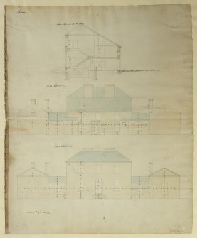 Elevations and section prior to additions and alterations.