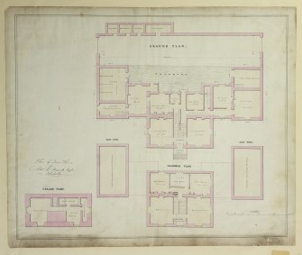 Plan of principal floor, bedchamber floor and cellar prior to additions and alterations.