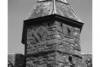 View of sundials on steeple, Town House, Dunbar, from north west