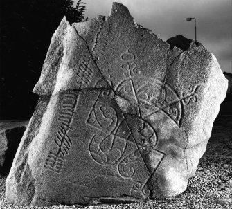 Brandsbutt, Inverurie, Pictish symbol stone. View from SE, dated 12 Sept. 1995.