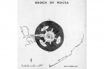 Publication drawing; Mousa, plan at ground level; from plan supplied by HM Office of Works. Photographic copy.